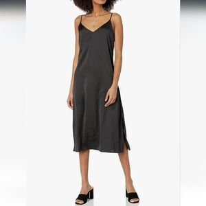 THE DROP Ana Silky V-Neck Midi Slip Dress in Black Sz M Classic Minimalist